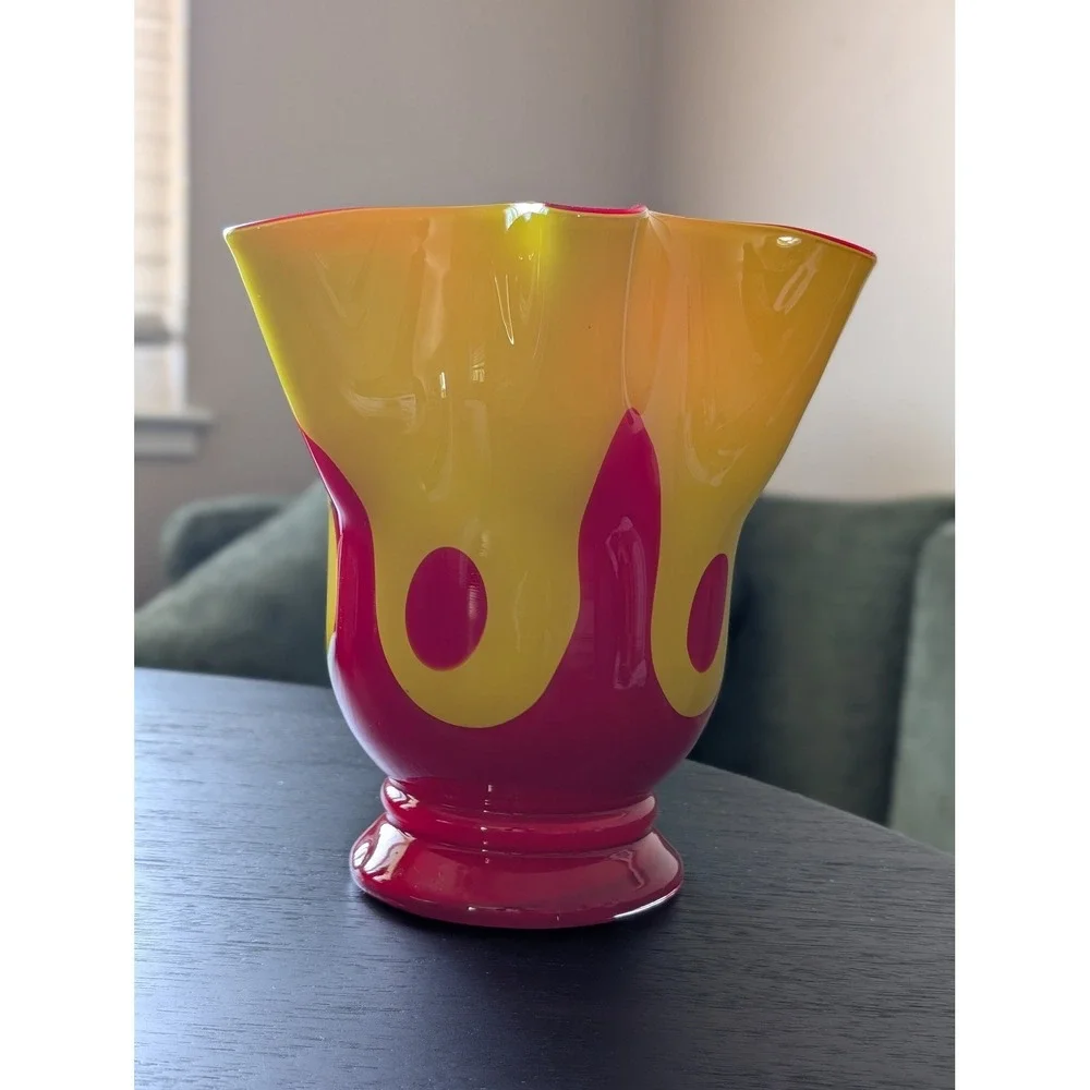 Vintage Yellow Red Ruffled Handkerchief Glass Vase Large Midcentury Modern Art